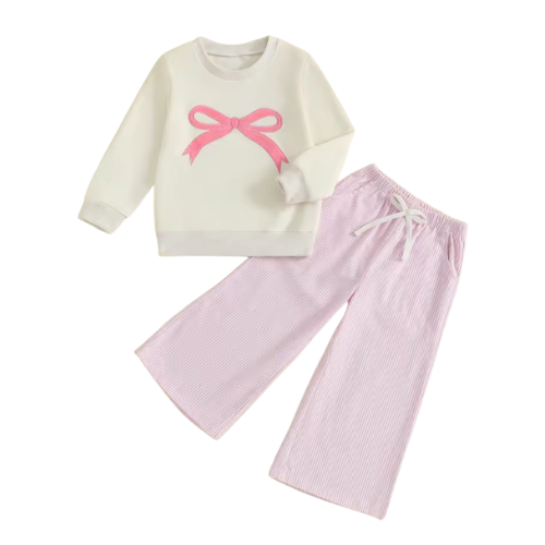 Bow Embroidered Cream Crewneck Pink Striped Pant Set