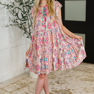 Boho and Behold Flutter Sleeve Dress in Blush/Fuchsia/Mint