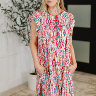 Boho and Behold Flutter Sleeve Dress in Blush/Fuchsia/Mint