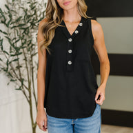 Buttoned Up Buttercup Sleeveless Top in Black