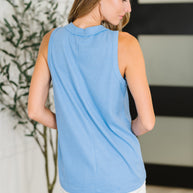 Buttoned Up Buttercup Sleeveless Top in Ocean Blue