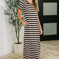 PREORDER: Cap Sleeve Maxi Dress in Black and Tan Stripe