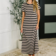 PREORDER: Cap Sleeve Maxi Dress in Black and Tan Stripe