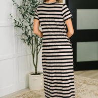 PREORDER: Cap Sleeve Maxi Dress in Black and Tan Stripe