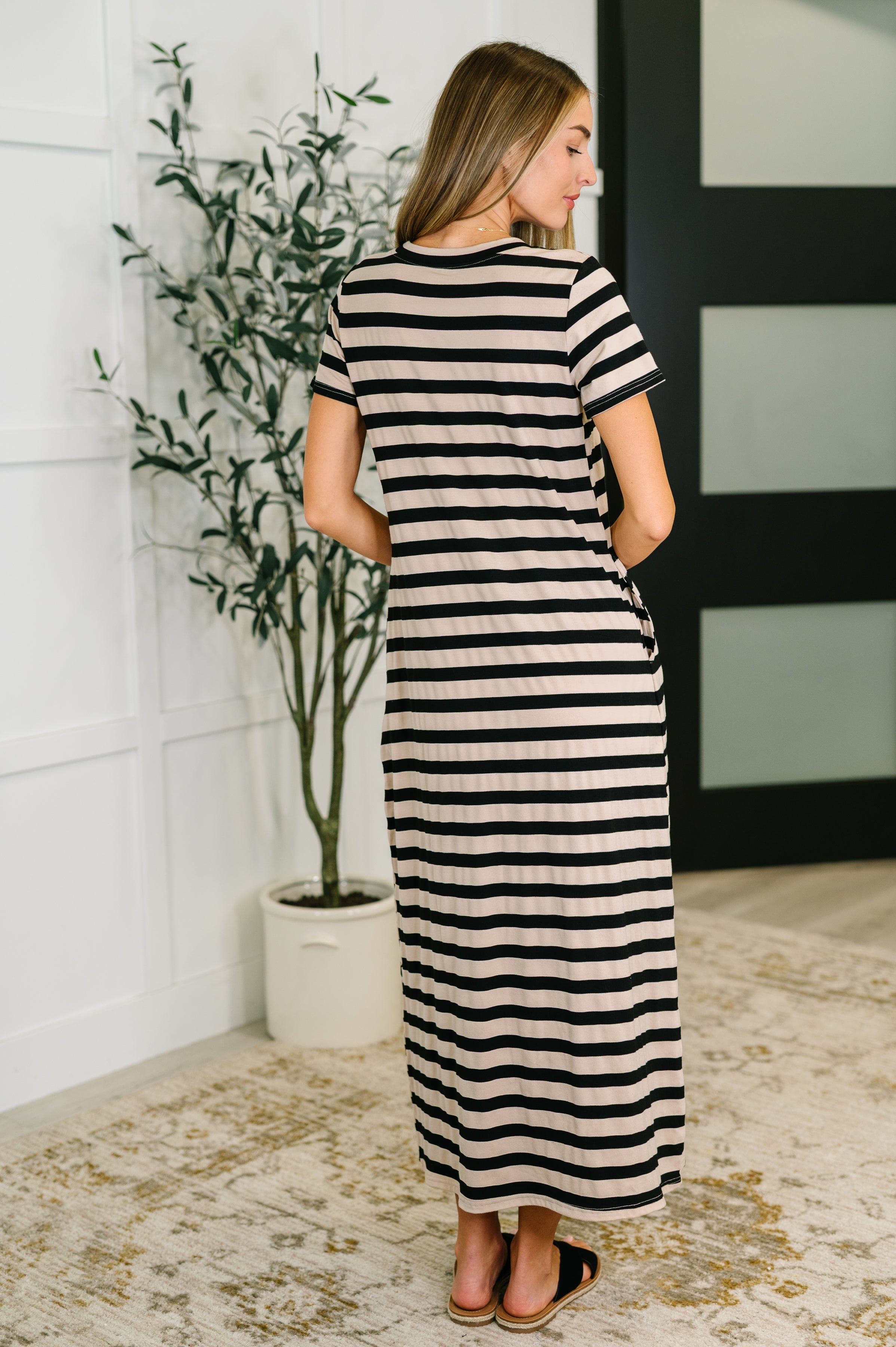 PREORDER: Cap Sleeve Maxi Dress in Black and Tan Stripe