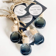 Flat lay of Men’s Car Diffusers in black glass bottles with updated branding