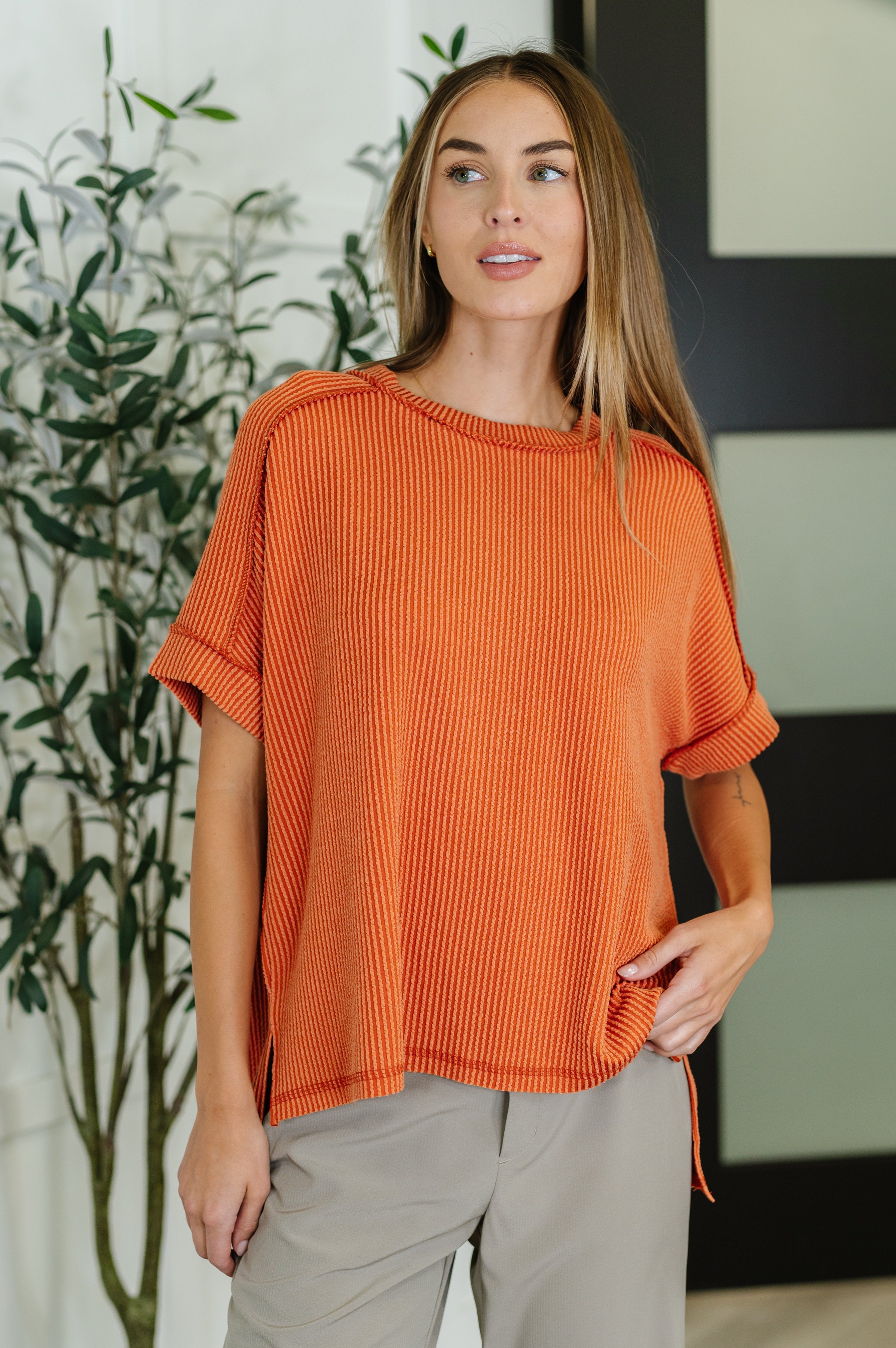 Catch Me Loungin’ Cable Ribbed Knit Top in Burnt Orange