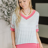 Dressed to Chill V-Neck Top in Heather/Grey/Ivory/Pink