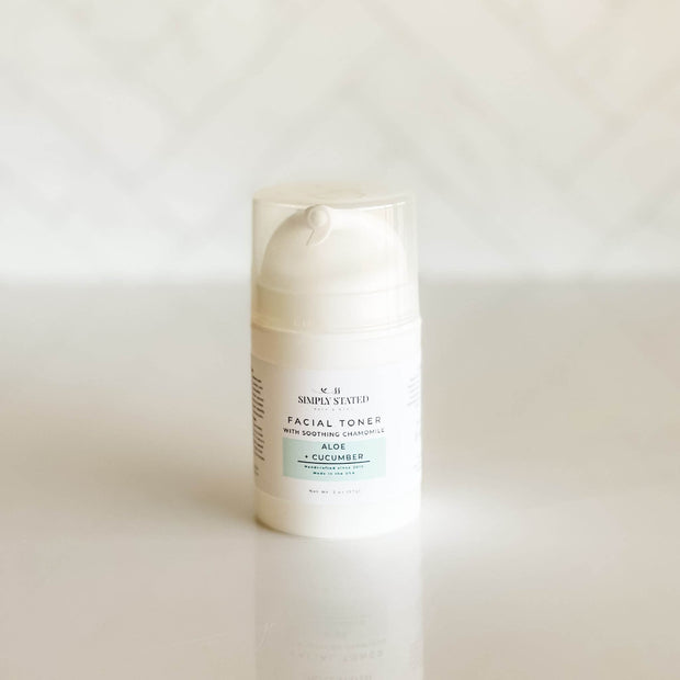 Simply Stated Aloe + Cucumber Facial Toner in 2oz airless pump bottle, hydrating and soothing with chamomile and cucumber extracts.