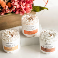 Fall Whipped Soap Collection with mango butter in front of autumn floral decor