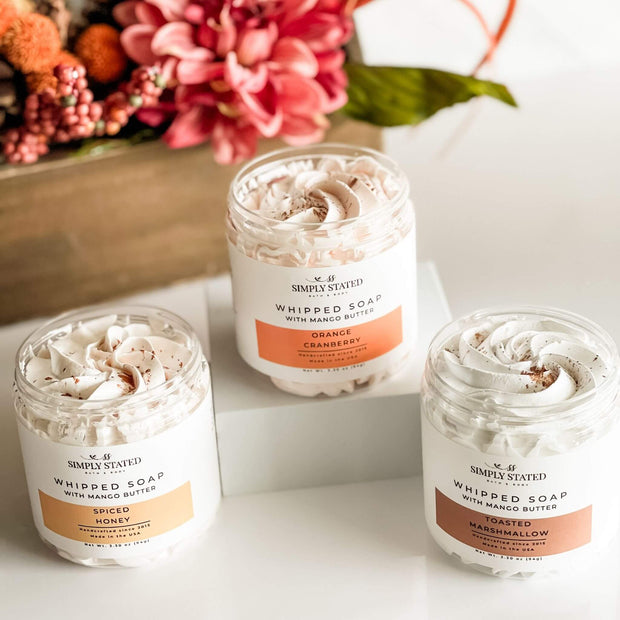 Fall Whipped Soap Collection with mango butter in front of autumn floral decor