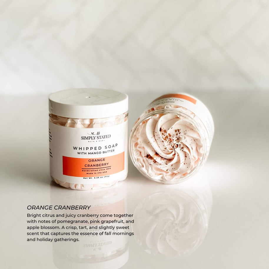 Whipped Soap in Orange Cranberry with fluffy texture and scent description