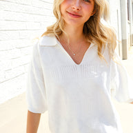 Lock Eyes White Pointelle Collar V Neck Short Sleeve Top