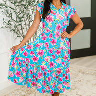 Fleurget Me Not Tiered Flutter Sleeve Dress in Aqua