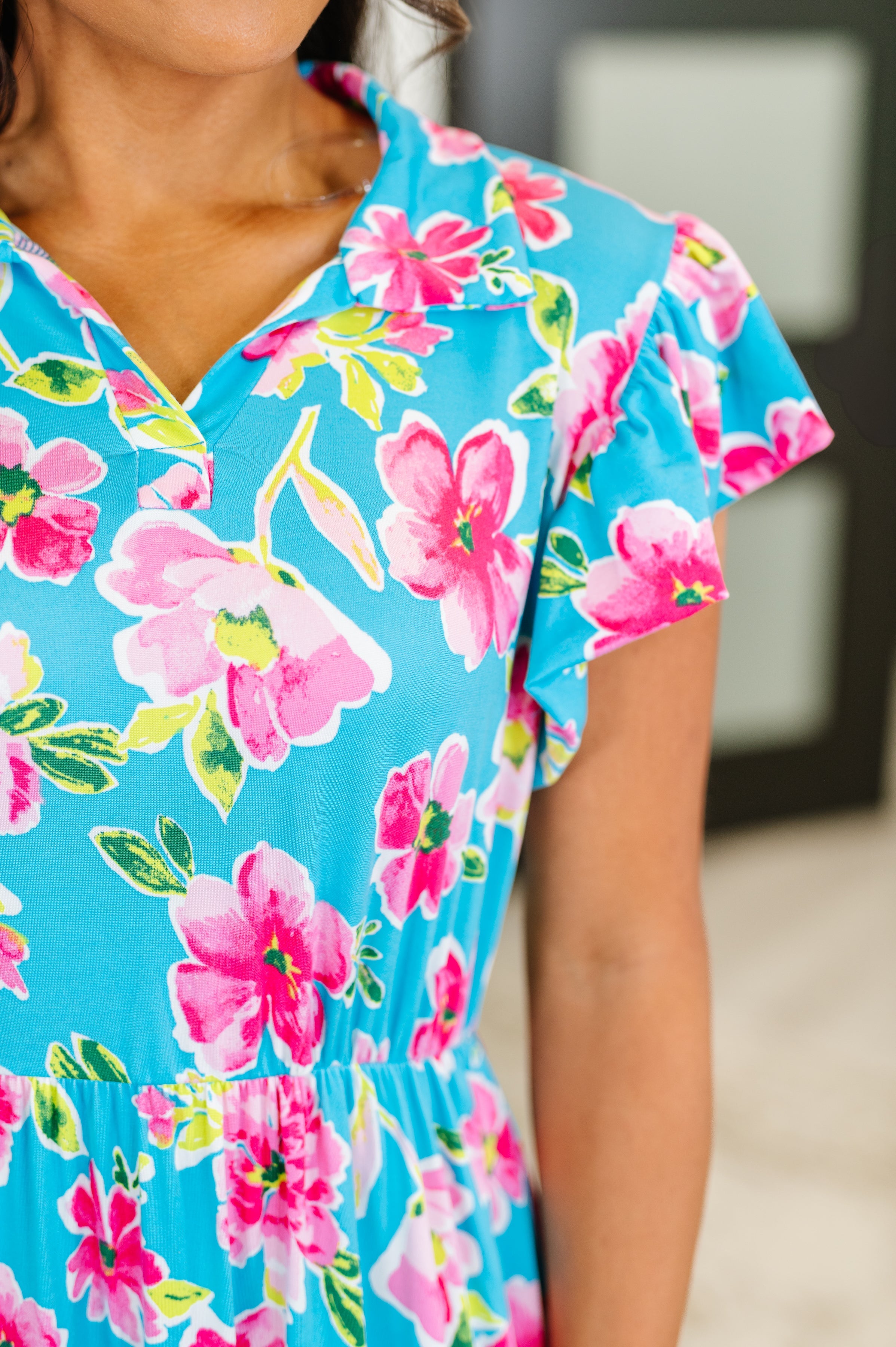 Fleurget Me Not Tiered Flutter Sleeve Dress in Aqua