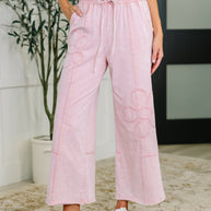 PREORDER: Flower Applique Cropped Flare Bottoms in Light Pink