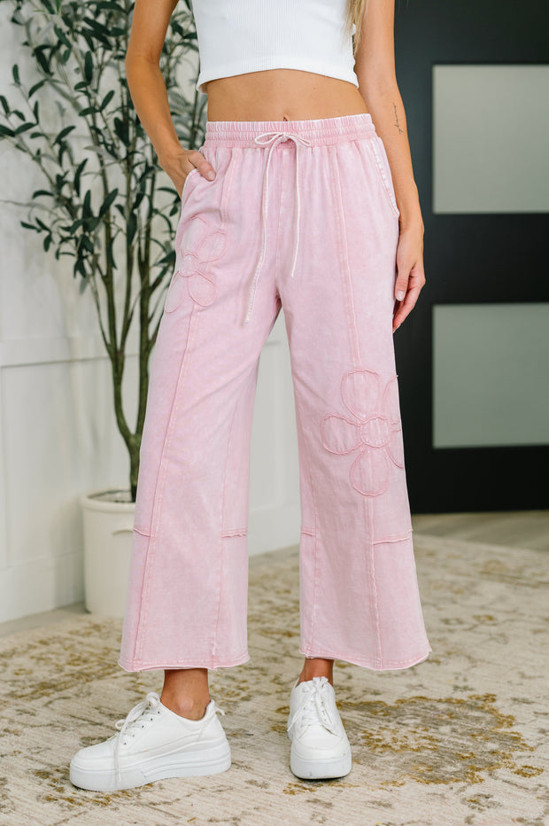 PREORDER: Flower Applique Cropped Flare Bottoms in Light Pink