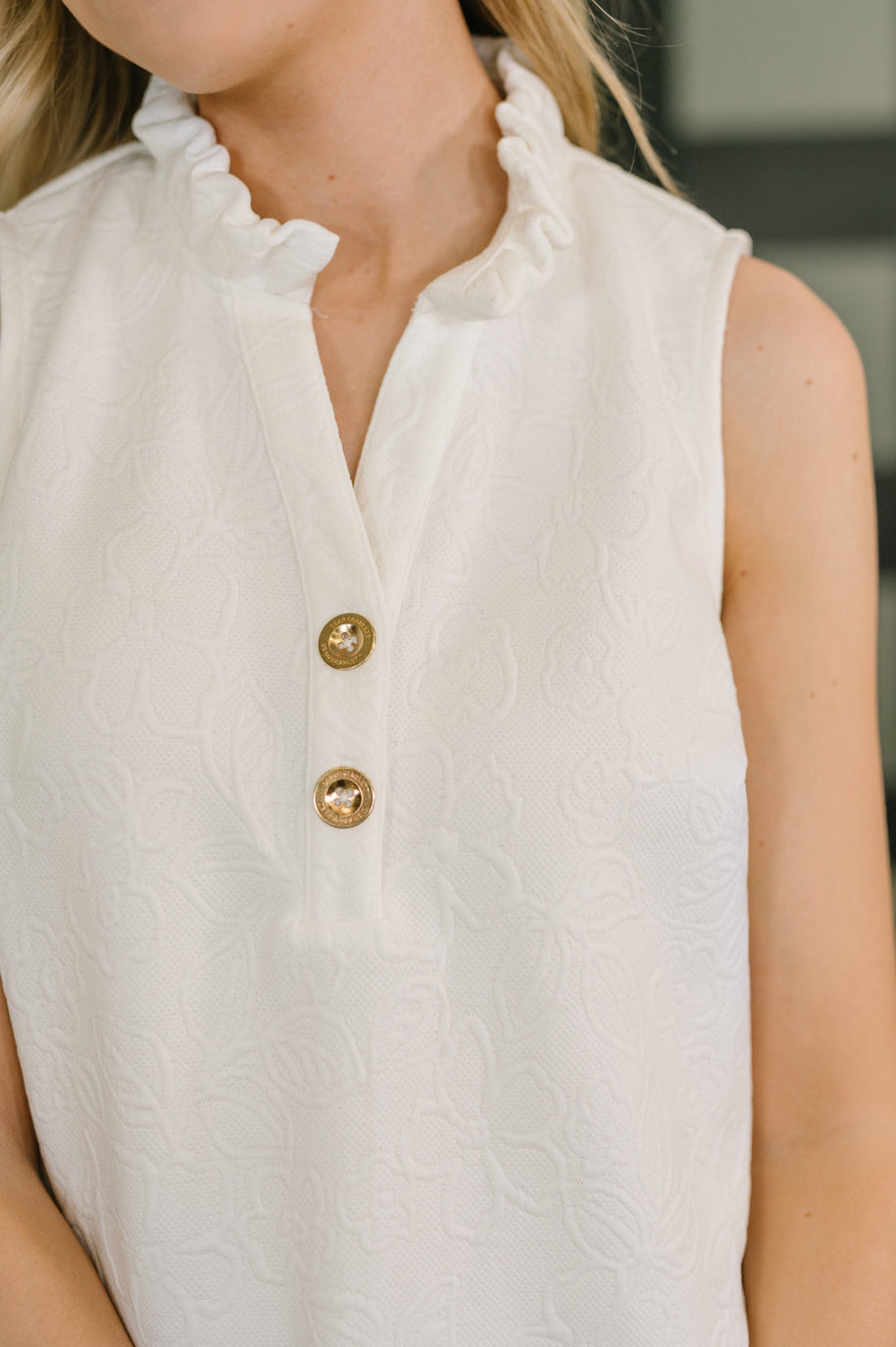 High Tide High Neck Embossed Sleeveless Dress in Off White