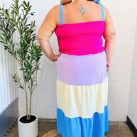 Vacay Vibes Hot Pink & Blue Smocked Color Block Maxi Dress