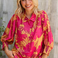 Elegant In Fuchsia Satin Button-Down Smock Long Sleeve Blouse