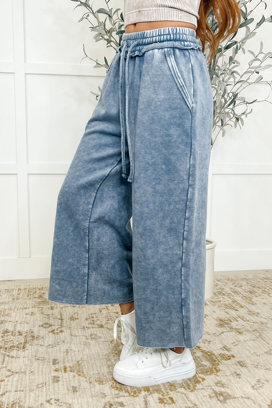 In or Out Wide Leg Cropped Pants Blue Grey
