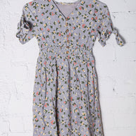 Kids Adorable Blue Smocked Waist Floral Bow Tie Sleeve Dress