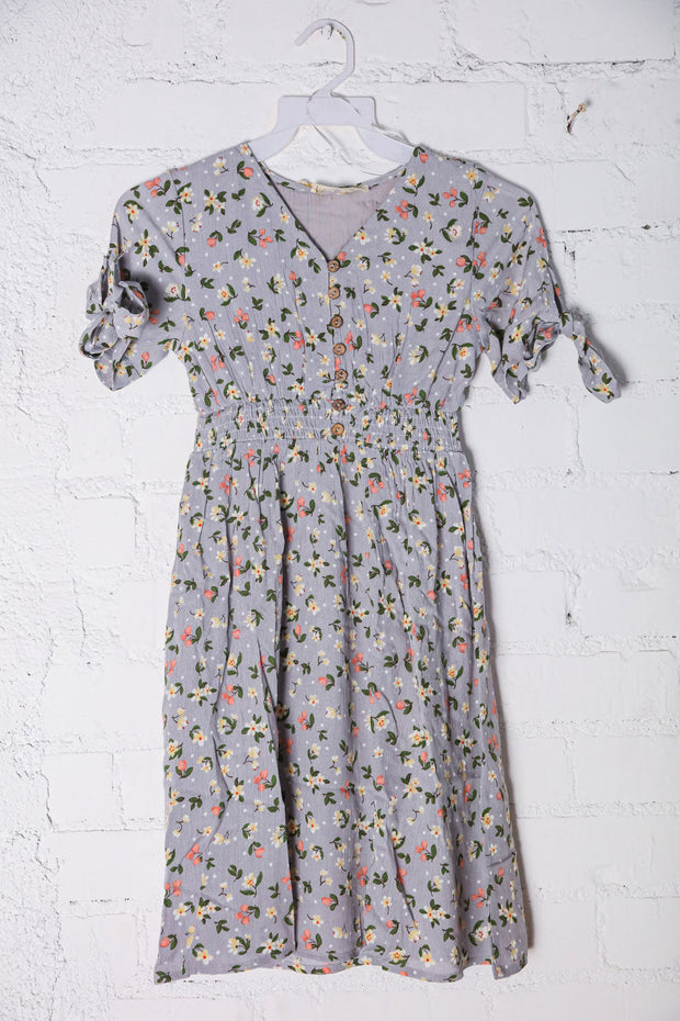 Kids Adorable Blue Smocked Waist Floral Bow Tie Sleeve Dress