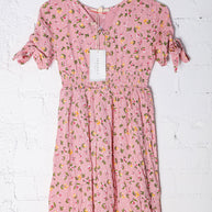 Kids Adorable Rose Smocked Waist Floral Bow Tie Sleeve Dress