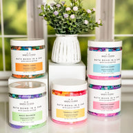 Kids Bath Bomb in a Jar – a collection of fun, colorful scents like Unicorn Kisses and Magic Rainbow for playful bath time.