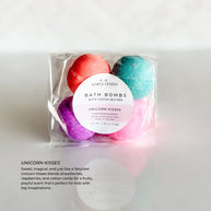 Simply Stated Kids Line Bath Bomb Pack in Unicorn Kisses scent, showing colorful pink, blue, and purple bath bombs, packaged with a pink-accented circular label.
