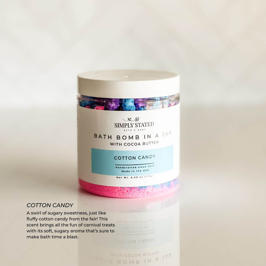 Kids Bath Bomb in a Jar – Cotton Candy scent, a colorful, fizzy bath treat with moisturizing cocoa butter and shea butter for sensitive skin.