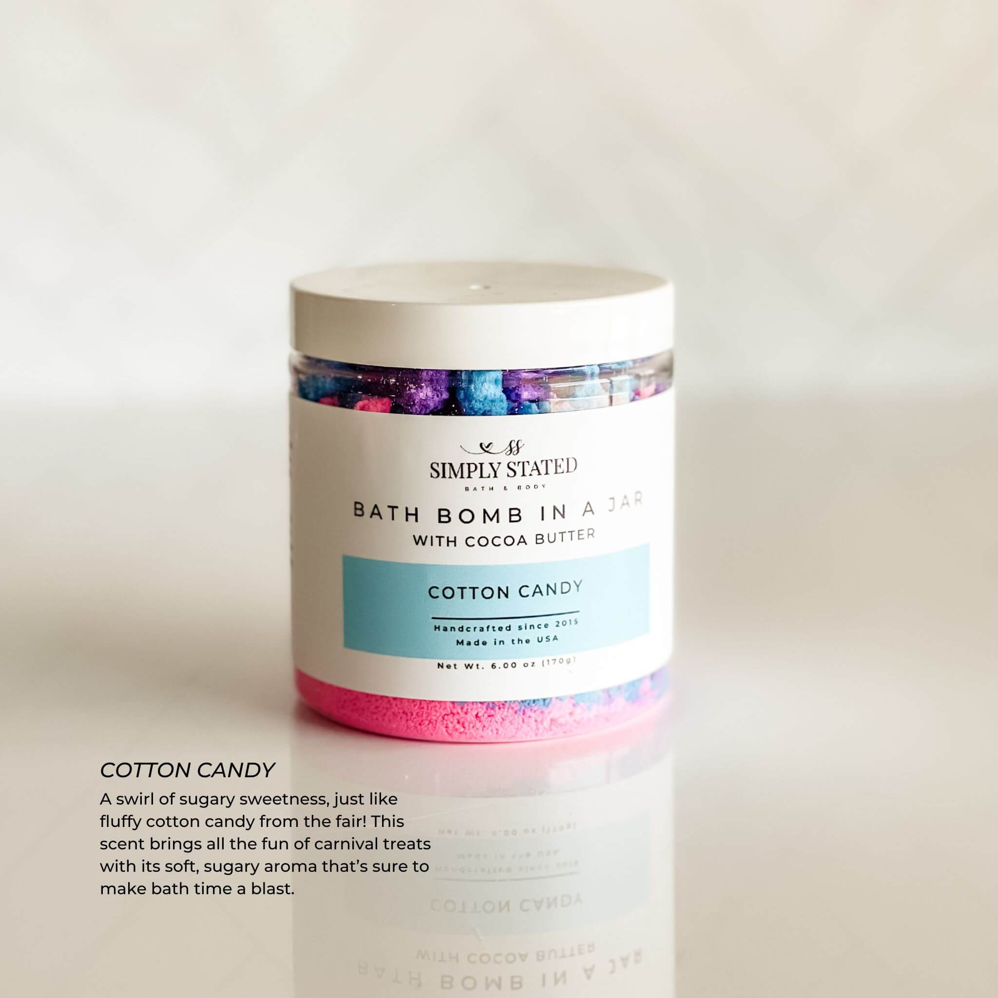 Kids Bath Bomb in a Jar – Cotton Candy scent, a colorful, fizzy bath treat with moisturizing cocoa butter and shea butter for sensitive skin.