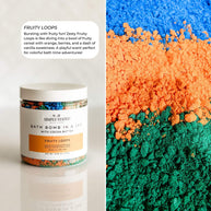 Bath bomb in a jar with colorful crumbly texture and product label on a white background