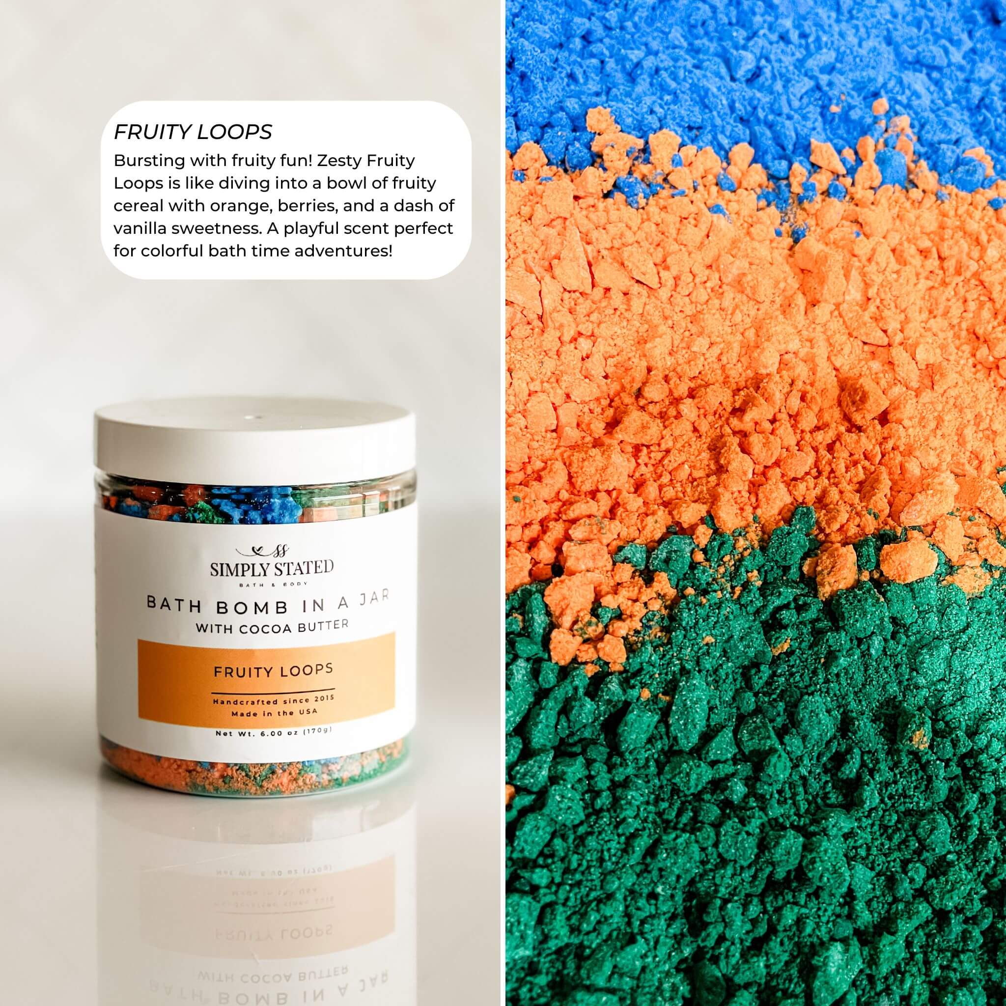 Bath bomb in a jar with colorful crumbly texture and product label on a white background