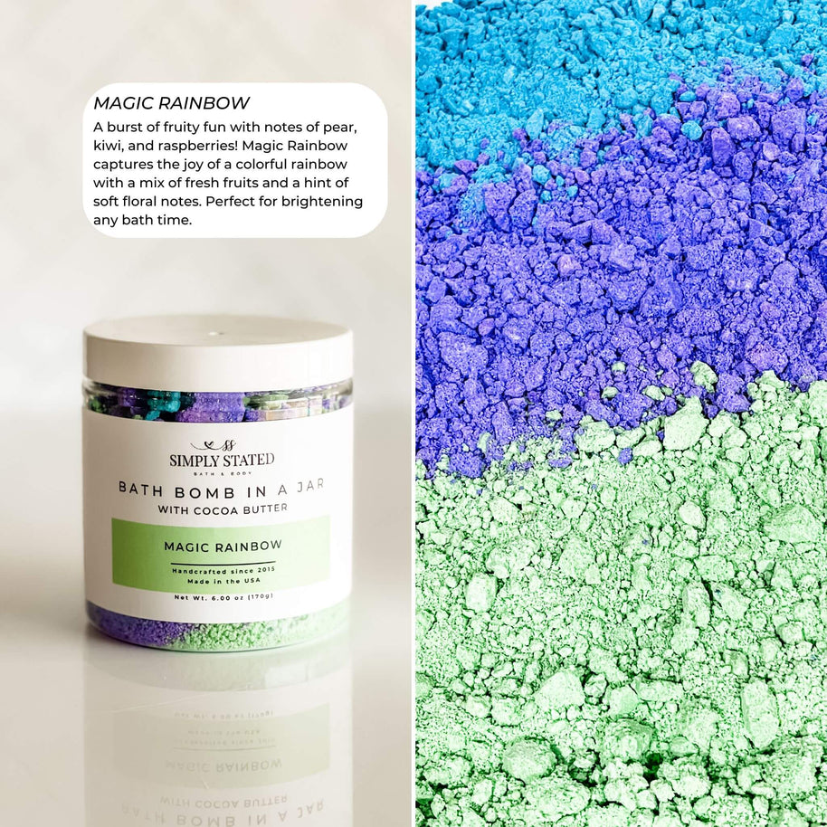 Bath bomb in a jar with colorful bath bomb mix on a white background