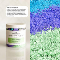 Bath bomb in a jar with colorful bath bomb mix on a white background