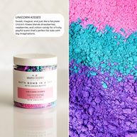 Bath bomb container labeled 'Unicorn Kisses' with colorful bath bomb powder on a white background