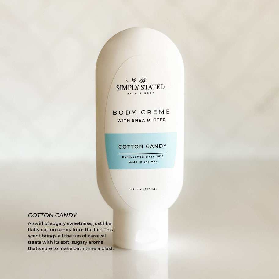 Simply Stated Kids Body Crème in Cotton Candy scent – a fun, lightweight lotion with nourishing shea butter for soft skin.
