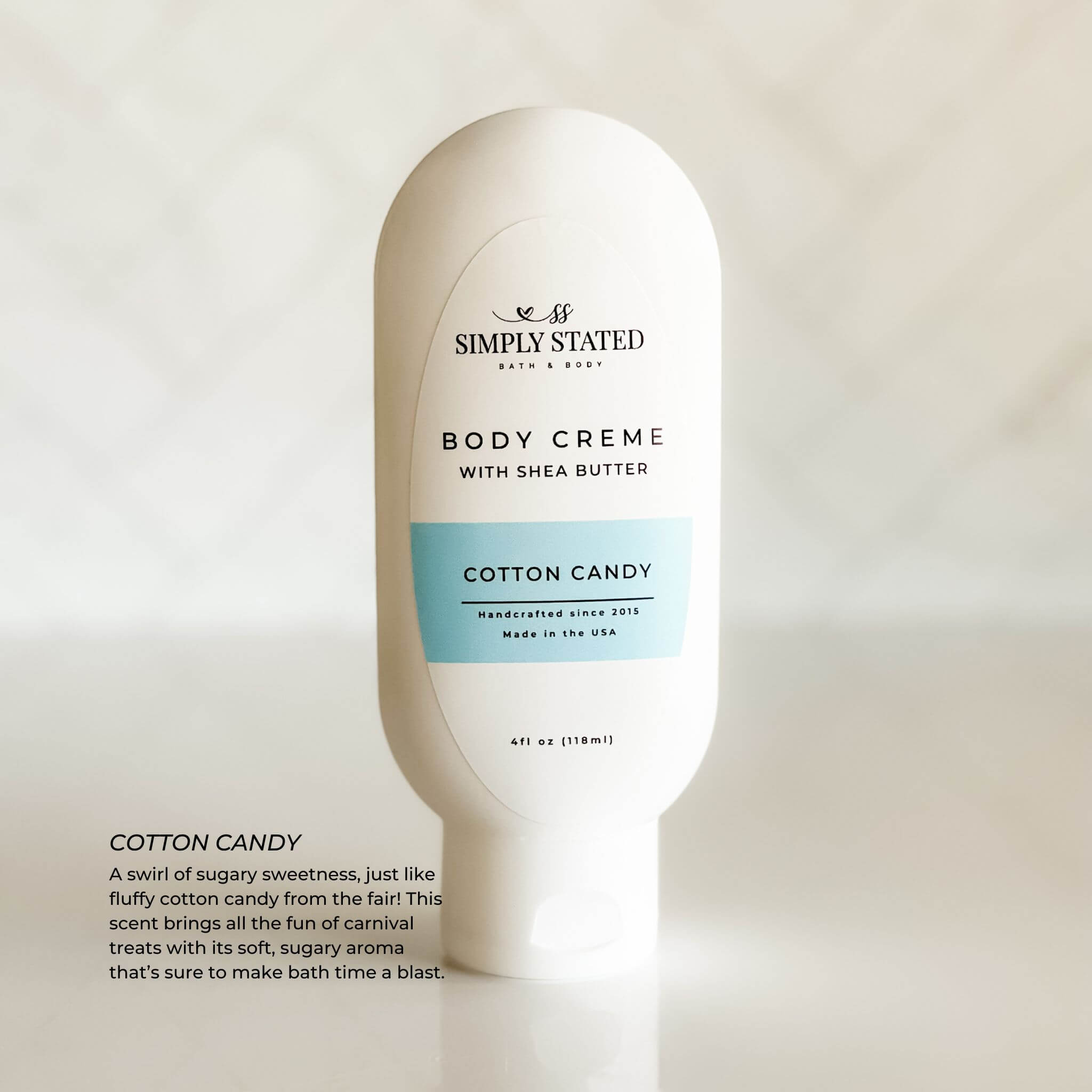 Simply Stated Kids Body Crème in Cotton Candy scent – a fun, lightweight lotion with nourishing shea butter for soft skin.