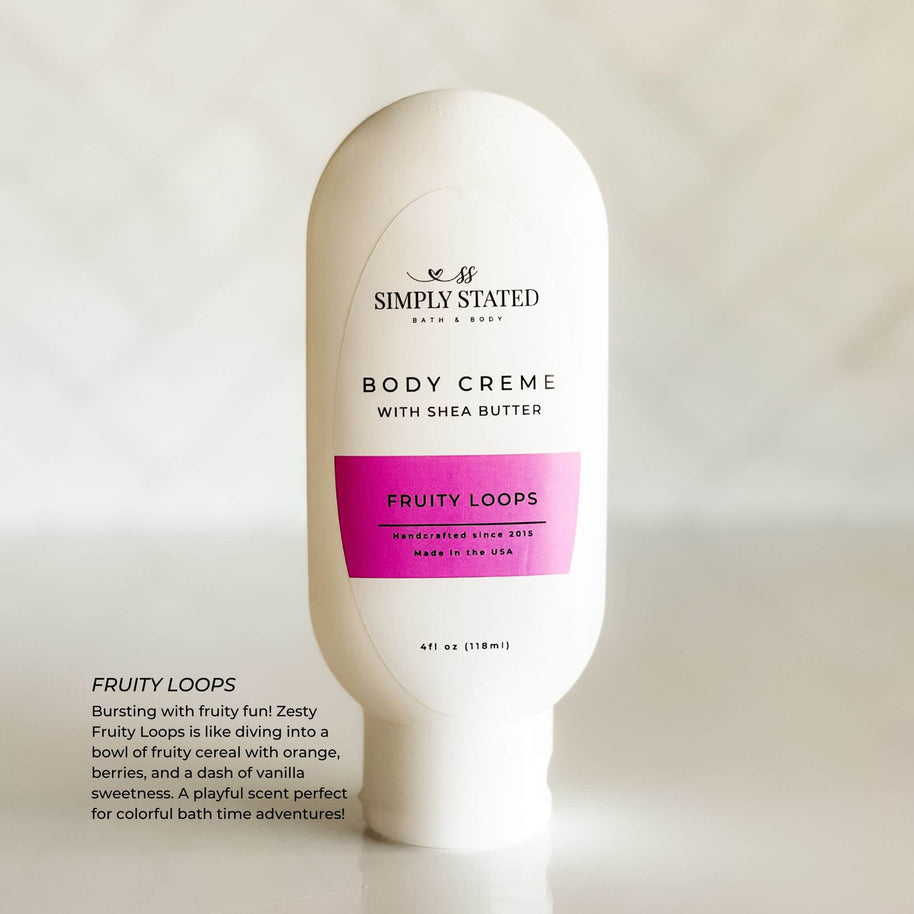Fruity Loops Kids Body Crème with shea butter and sunflower oil for gentle hydration and a playful fruity scent.