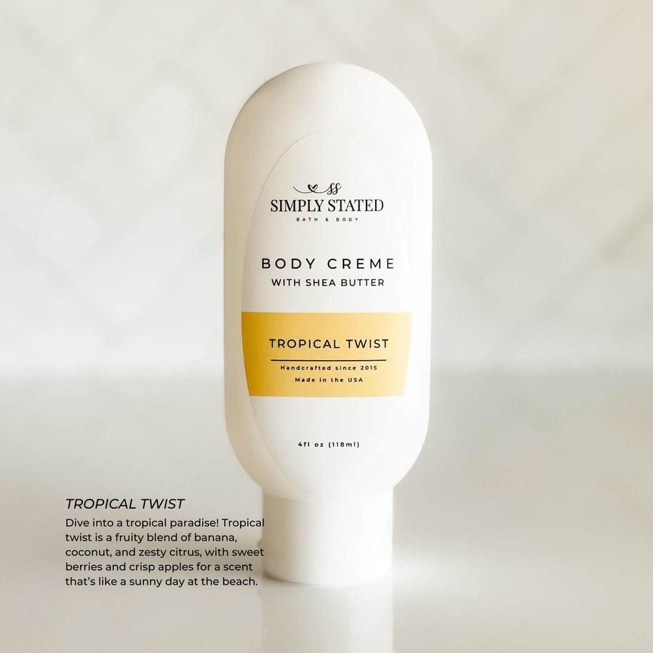 Tropical Twist Kids Body Crème – a nourishing, fun skincare treat for kids with tropical fruit scents.