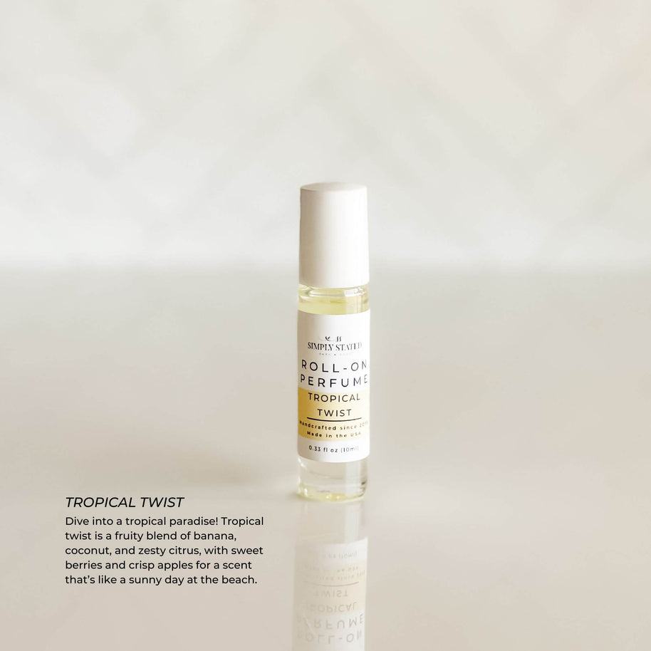 A tropical-scented kids' roll-on perfume with notes of banana, coconut, and citrus, offering a fun and safe fragrance for little ones.