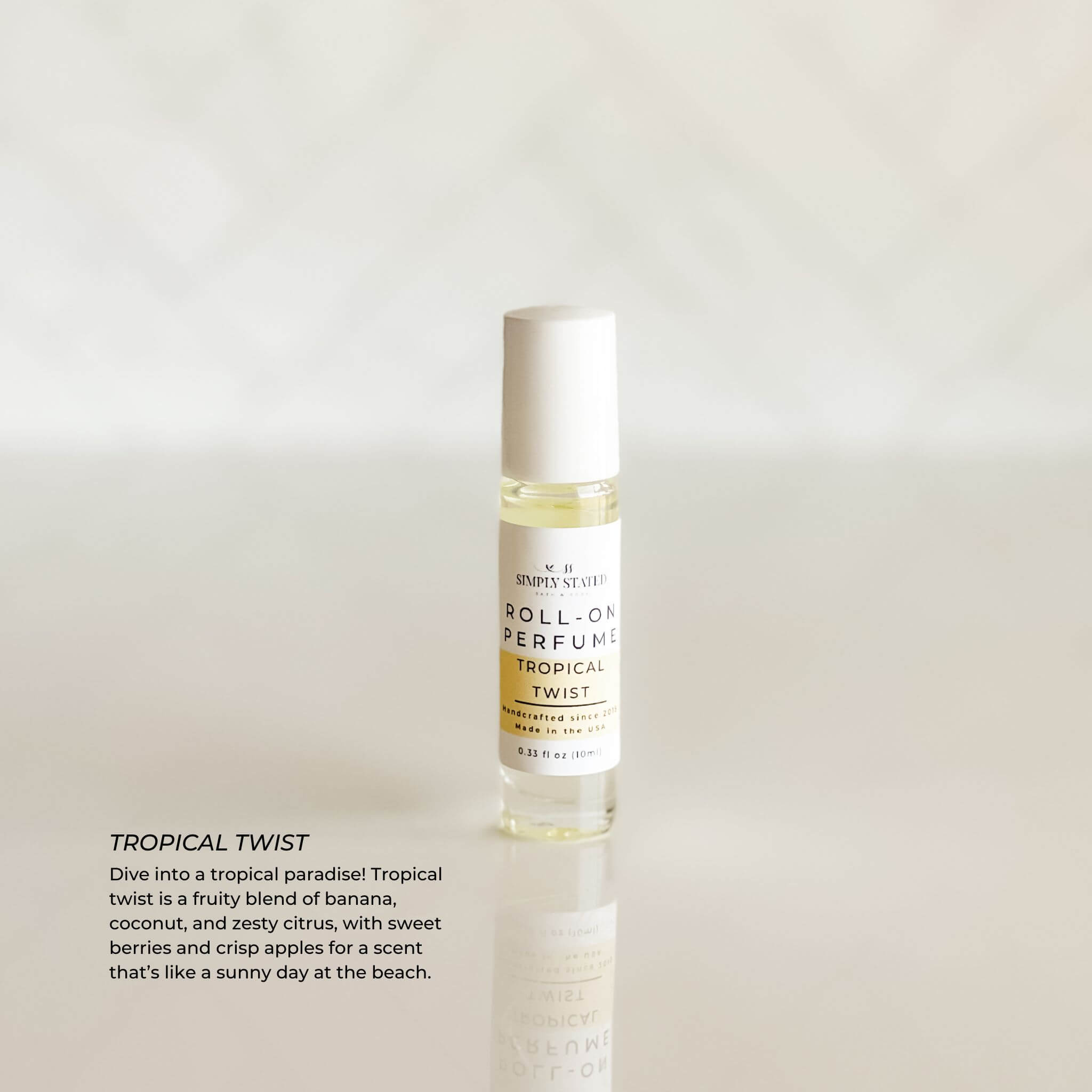 A tropical-scented kids' roll-on perfume with notes of banana, coconut, and citrus, offering a fun and safe fragrance for little ones.