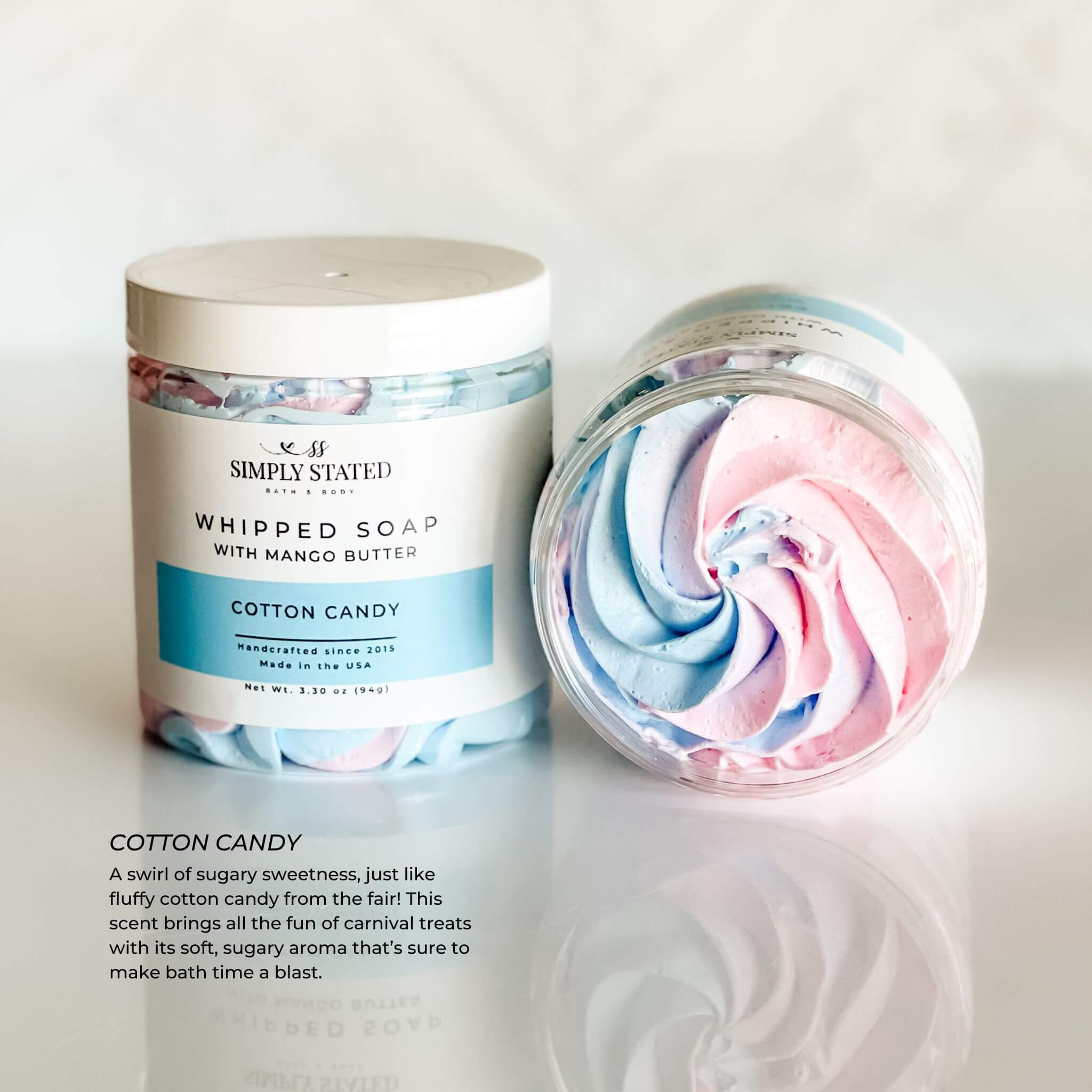 Simply Stated Bath & Body Cotton Candy Whipped Soap for kids. A swirl of pastel blue and pink, this whipped soap smells like sugary cotton candy, bringing the fun of carnival treats to bath time. Made with mango butter for gentle skin care.
