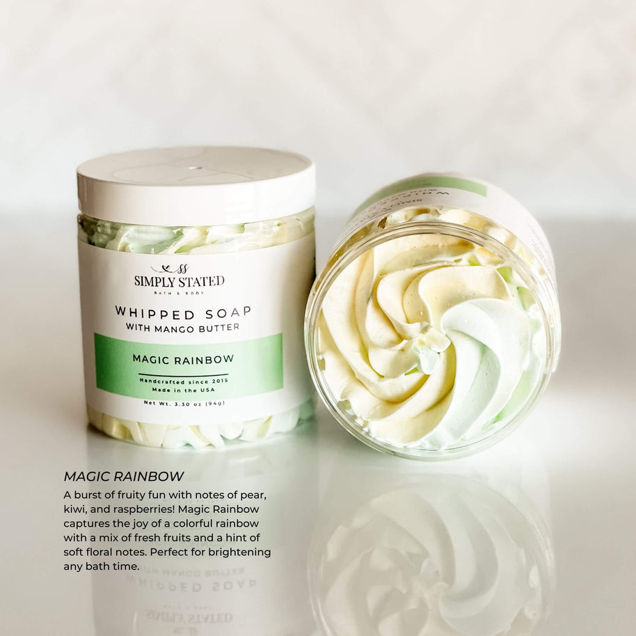 Simply Stated Bath & Body Magic Rainbow Whipped Soap for kids. A colorful swirl of pastel hues with fruity notes of pear, kiwi, and raspberries, this whipped soap brings vibrant joy to bath time. Made with nourishing mango butter.