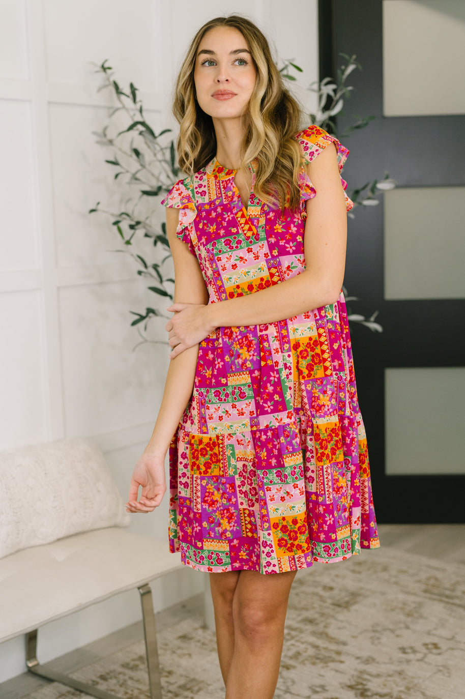 Lizzy Flutter Sleeve Dress in Patchwork Floral
