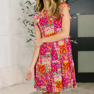 Lizzy Flutter Sleeve Dress in Patchwork Floral