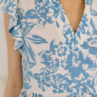Lizzy Flutter Sleeve Dress in White and Blue Floral