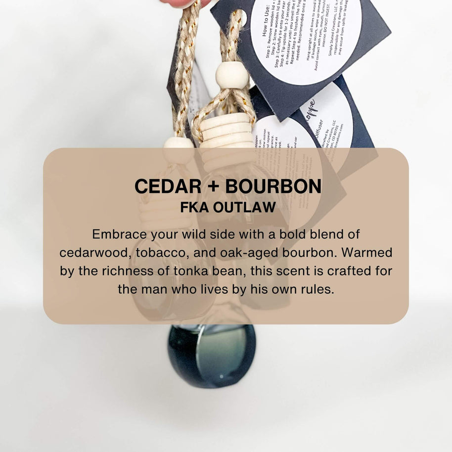 Product label for 'Cedar + Bourbon' by FKA Outlaw with a white background