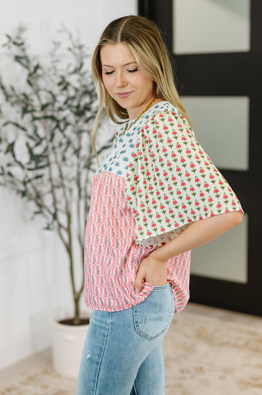 Outside Advantage Mixed Print Boho Blouse